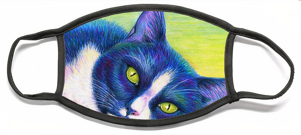 Cat Face Mask featuring the drawing Colorful Tuxedo Cat by Rebecca Wang