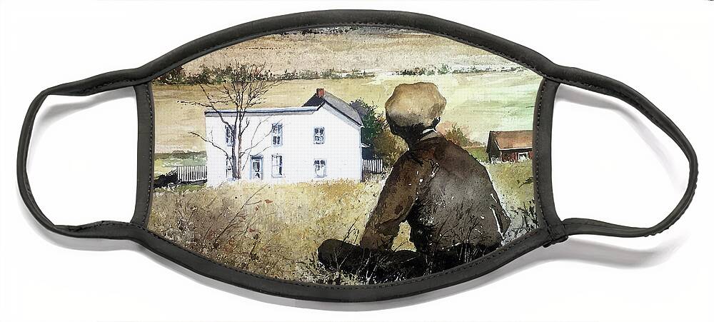 A Young Boy Sits In The Grass On A Hill At Gettysburg. Face Mask featuring the painting Consecrated Ground by Monte Toon