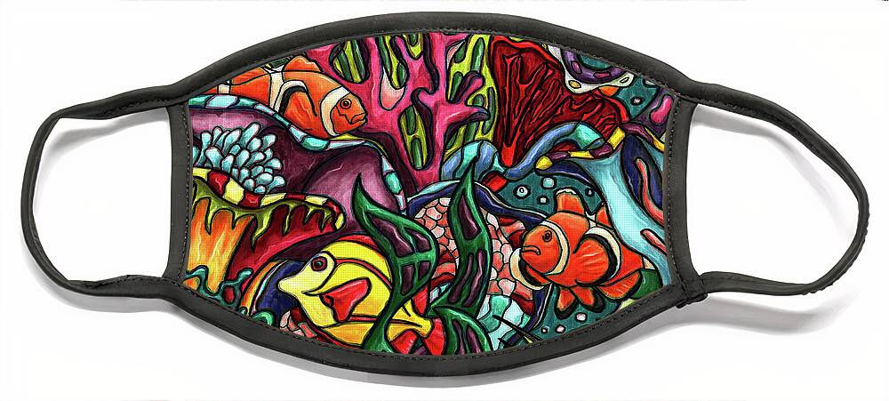 Tropical Fish Face Mask featuring the painting Coral reef fish colorful painting, tropical underwater scene by Nadia CHEVREL