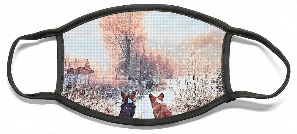 Corgi Face Mask featuring the mixed media Corgis First Snow by Kathy Kelly