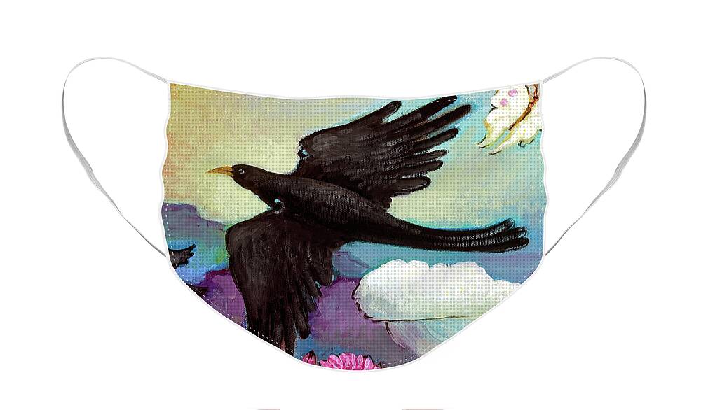 Crow Face Mask featuring the painting Crow Love in Bloom by Linda Carter Holman