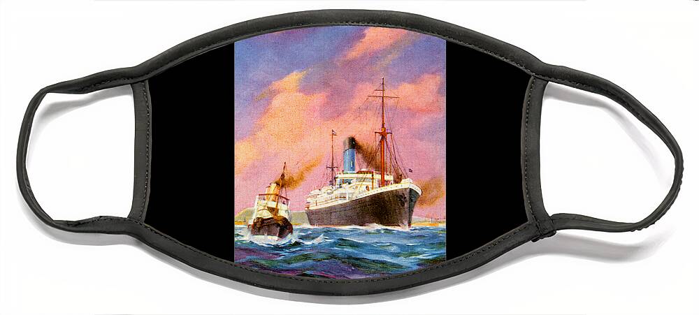 Cruiseship Face Mask featuring the painting Cruise Ship Postcard with Tugboat ca 1920 by Unknown