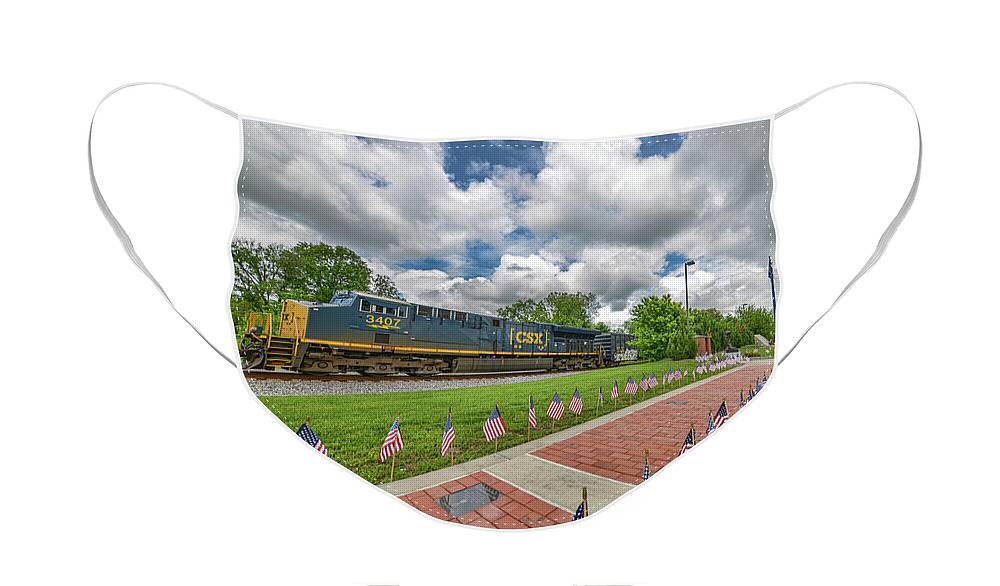 Railroad Face Mask featuring the photograph CSX Q502 Passing the Veterans Memorial at Madisonville Ky by Jim Pearson