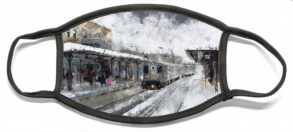 Chicago Face Mask featuring the mixed media CTA Sedgwick Station in Winter by Glenn Galen