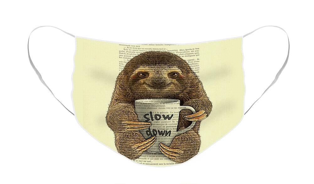 #faatoppicks Face Mask featuring the digital art Cute baby sloth with coffee mug Slow down quote by Madame Memento