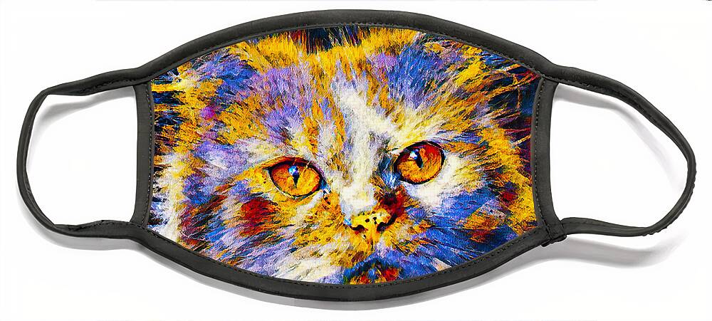 Persian Cat Face Mask featuring the digital art Cute colorful Persian cat in blue, white and orange by Nicko Prints