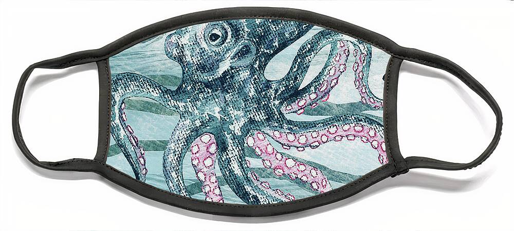 Octopus Face Mask featuring the painting Cute Teal Blue Watercolor Octopus On Calm Wave Beach Art by Irina Sztukowski