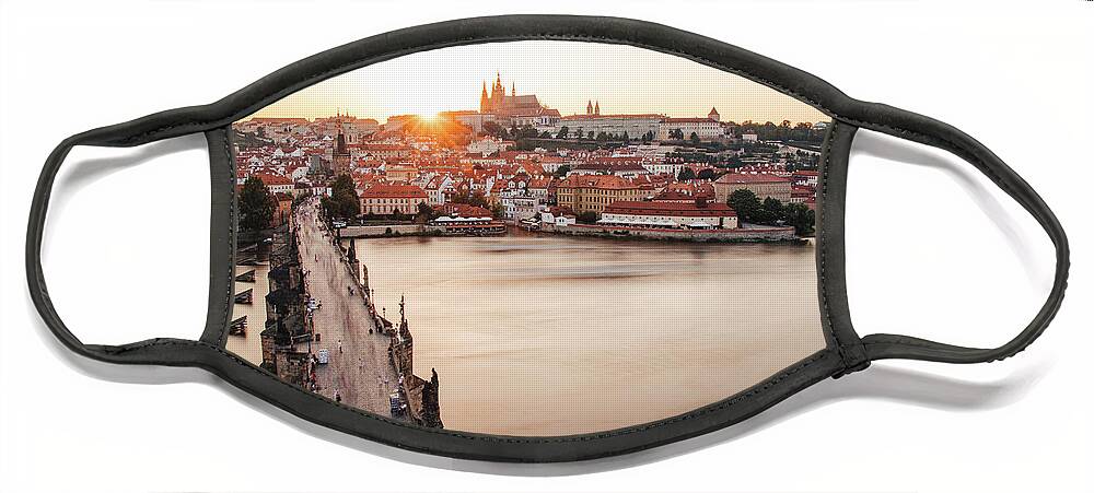 Castle Face Mask featuring the photograph Czech capital city with Charles bridge at sunset by Vaclav Sonnek