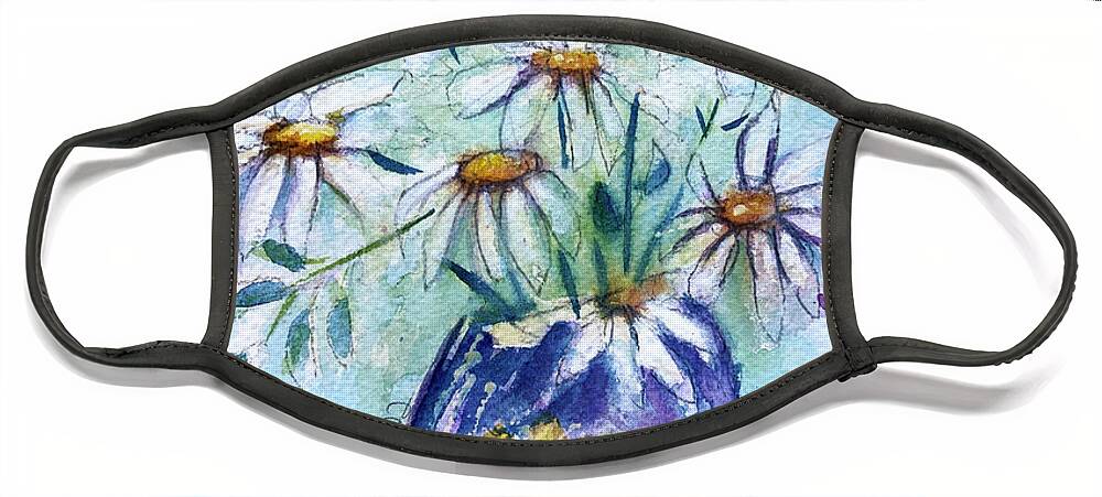 Loose Floral Face Mask featuring the painting Daisies in a Purple Vase by Roxy Rich