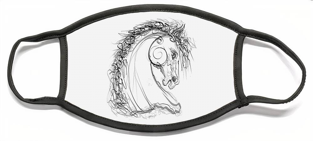  Drawing Face Mask featuring the drawing Dark Stallion Design Line Drawing by OLena Art