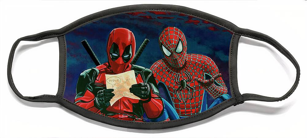 Deadpool Face Mask featuring the painting Deadpool and Spiderman Painting by Paul Meijering