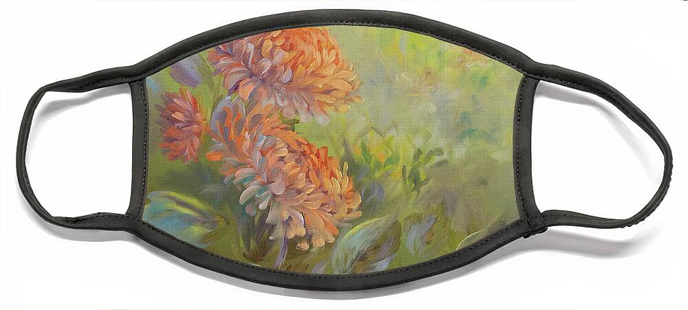 Orange Color With Lavender Shadows Face Mask featuring the painting Delicate Orange Chrysantemum by Lynne Pittard