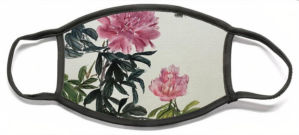 Peony Flowers Face Mask featuring the painting Depend On Each Other - 2 by Carmen Lam