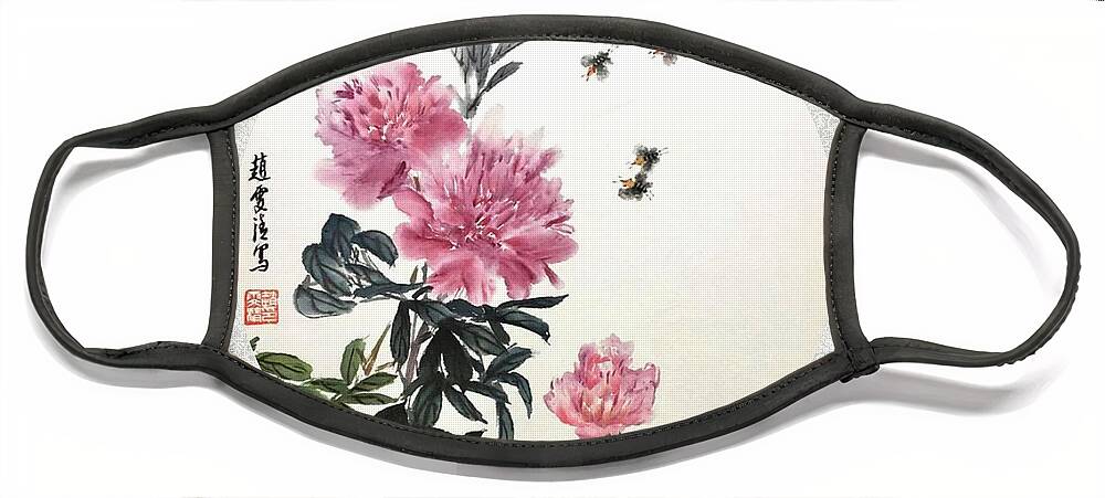 Peony Flowers Face Mask featuring the mixed media Depend On Each Other - 6 by Carmen Lam
