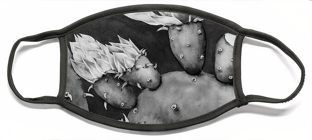 Cactus Face Mask featuring the painting Desert Bloom in Black and White by Hailey E Herrera