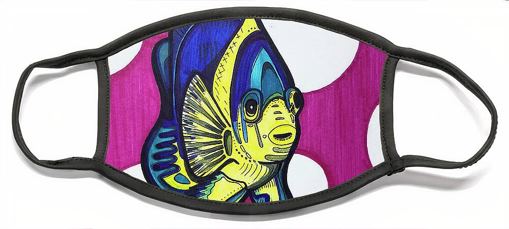 Discus Fish Face Mask featuring the drawing Discus Fish Blue and Yellow by Creative Spirit