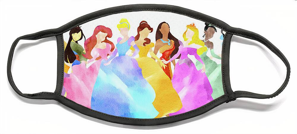 Disney Face Mask featuring the digital art Disney princesses colorful watercolor by Mihaela Pater