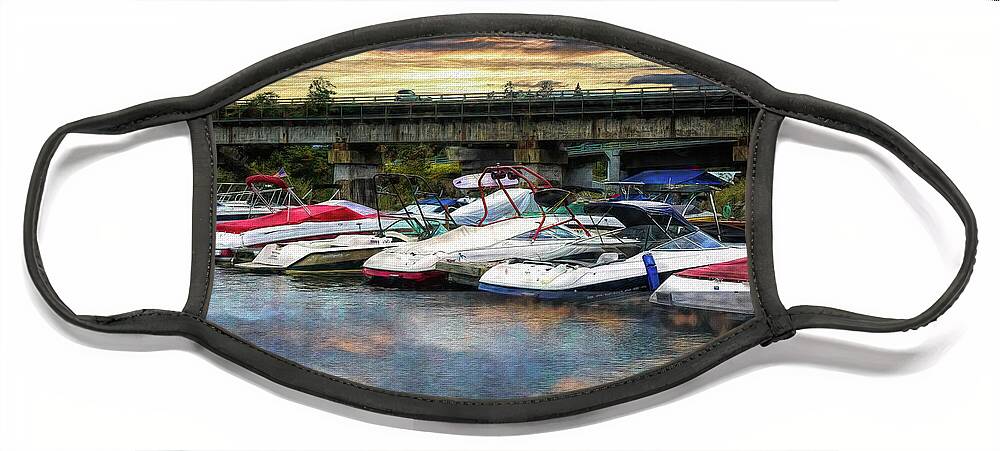 Boats Face Mask featuring the digital art Docked Under the Bridge by Deb Nakano