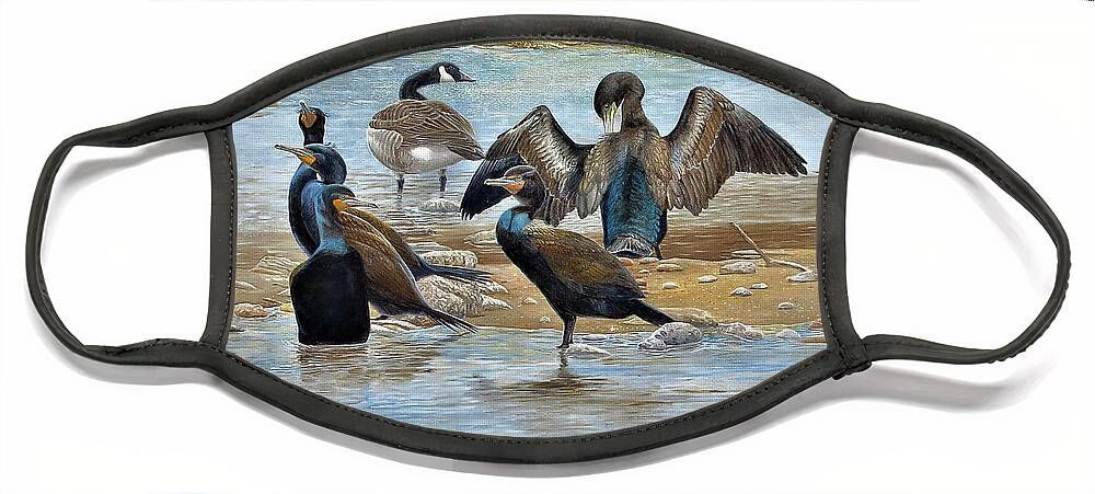 Double-crested Cormorant Face Mask featuring the painting Double-crested Cormorants with Canada Goose by Barry Kent MacKay