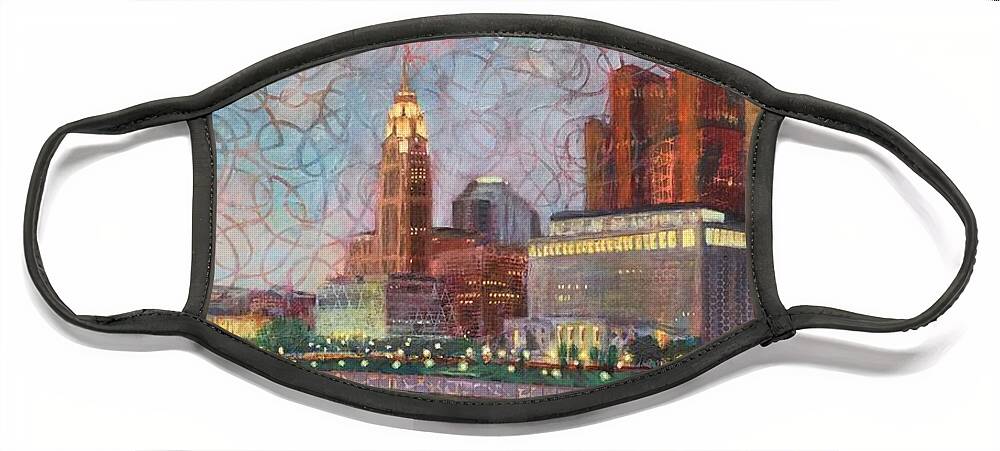 Leveque Face Mask featuring the painting Downtown Columbus Lit Up by Robie Benve