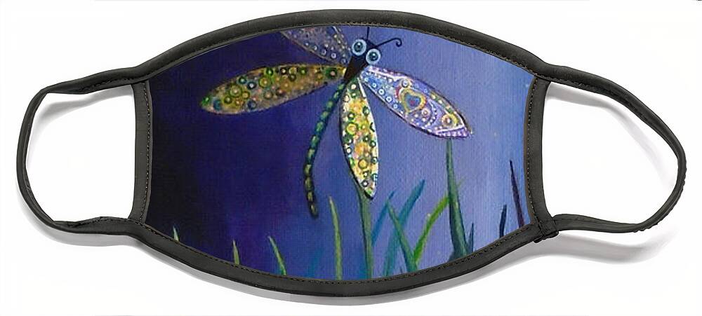 Dragonfly Face Mask featuring the painting Dragonfly at the Bay II by Mindy Huntress