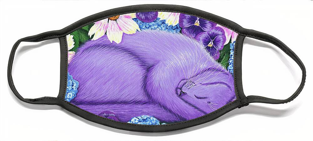Dreaming Face Mask featuring the painting Dreaming Sleeping Purple Cat Spring Flowers by Carrie Hawks