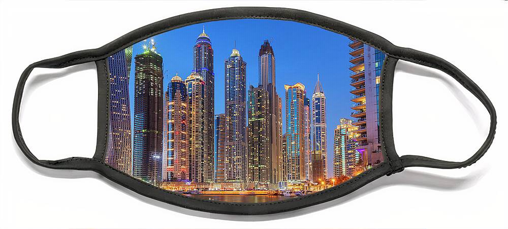 Dubai Skyline Night Face Mask featuring the photograph Dubai Marina Skyline at night by Neale And Judith Clark