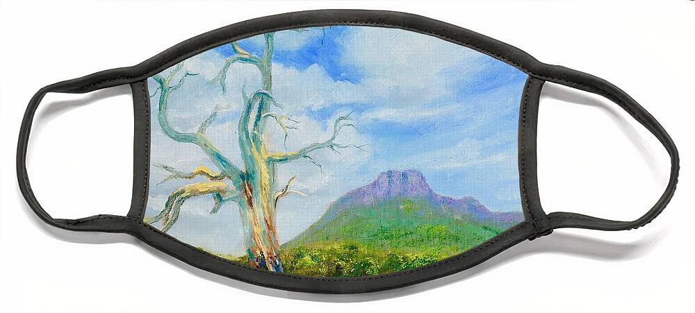 Gnarled Gum Tree Face Mask featuring the painting Dunkeld and Mt Sturgeon in the Grampians by Dai Wynn