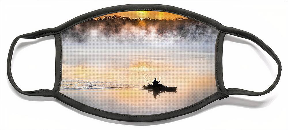 Lake Lamar Bruce Face Mask featuring the photograph Morning Mist Kayak Fisherman Sunrise Lake Mississippi by Jordan Hill
