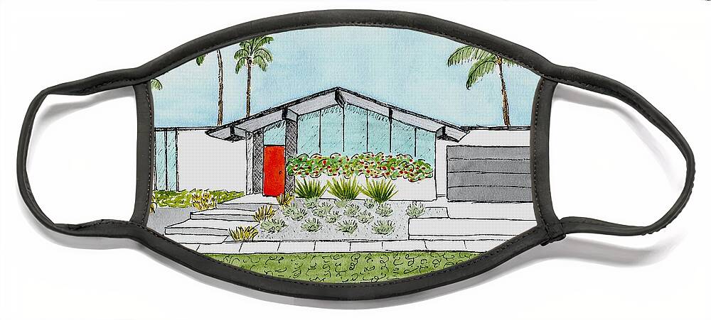 Mid Century Modern Home Face Mask featuring the painting Eichler Home in California by Donna Mibus