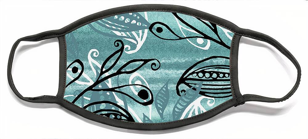 Pods Face Mask featuring the painting Elegant Pods And Seeds Pattern With Leaves Teal Blue Watercolor V by Irina Sztukowski