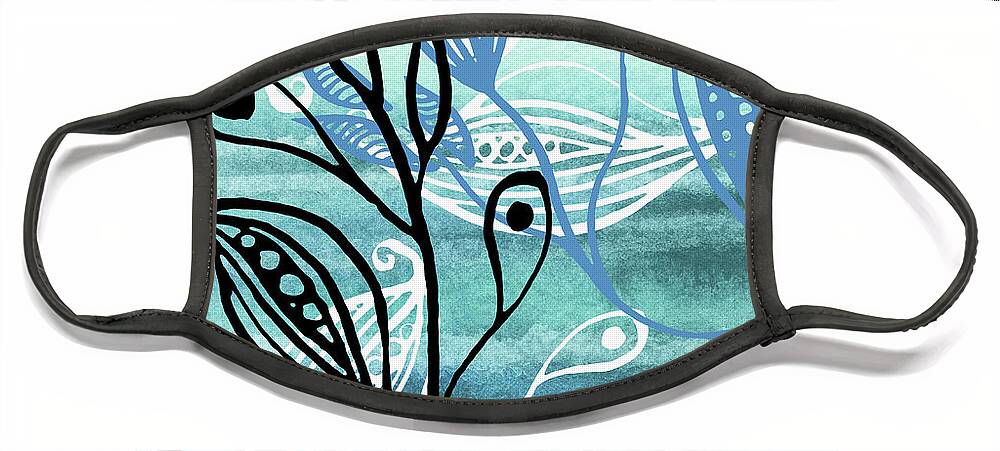 Pods Face Mask featuring the painting Elegant Pods And Seeds Pattern With Leaves Teal Blue Watercolor VI by Irina Sztukowski