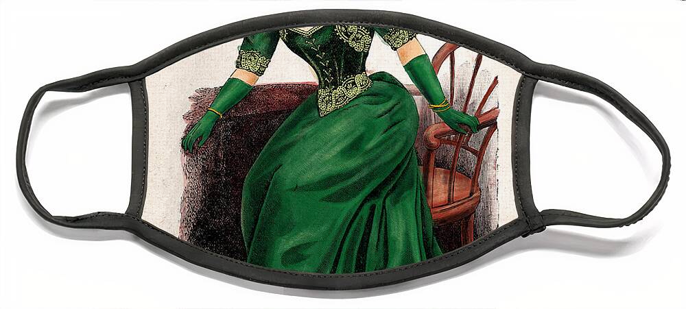 Vintage Style Face Mask featuring the painting Elegant victorian lady with green dress, 1890 vintage fashion woman by Nadia CHEVREL