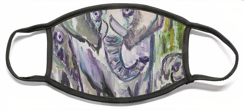 Elephants Face Mask featuring the painting Elephant family in abstract by Lisa Koyle