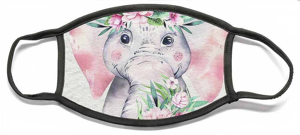 Elephant Face Mask featuring the painting Elephant With Flowers by Nursery Art