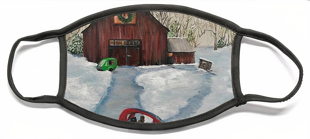 Snow Scene Face Mask featuring the painting ELF Holiday Scene 2021 by Deborah Naves
