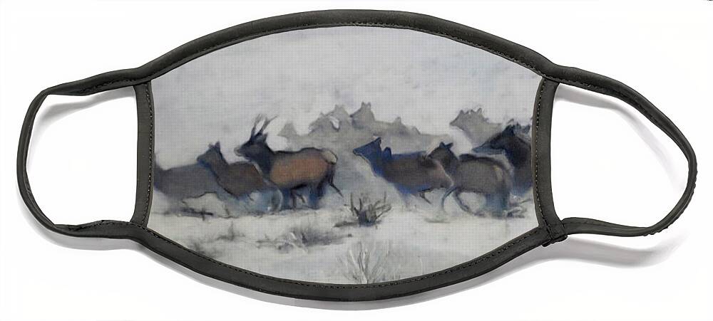 Elk Face Mask featuring the painting Elk Migration, 2019 by PJ Kirk