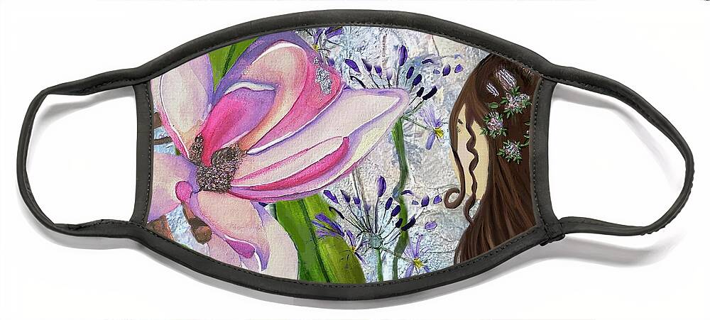 Girl Whimsical Floral Colorful Abstract Face Mask featuring the mixed media Elle by Lorie Fossa