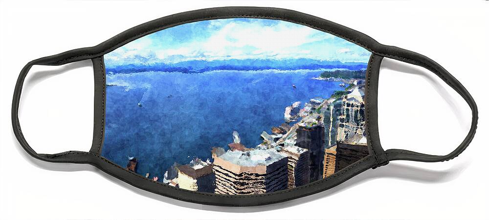 Columbia Center Face Mask featuring the digital art Elliott Bay Seattle by SnapHappy Photos