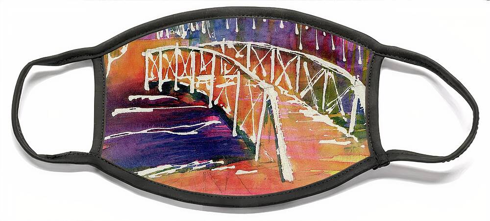 Winter Bridge Face Mask featuring the painting Elm Creek Bridge Orange by Tammy Nara