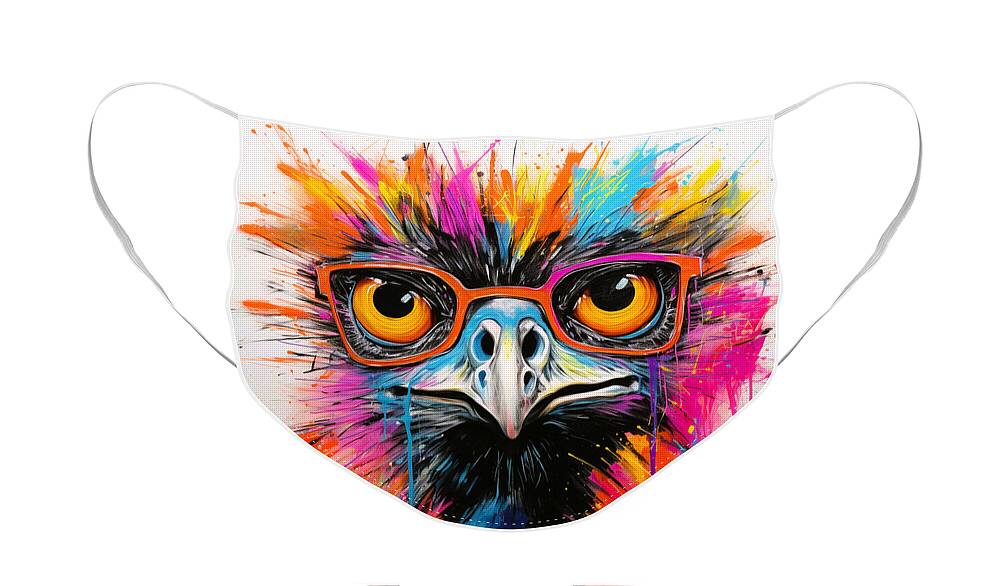 Colorful Emu Painting Face Mask featuring the painting Spectacular Specs The Visionary Emu by Crystal Stagg