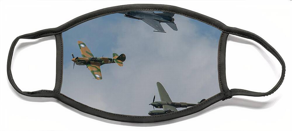 Aviation Face Mask featuring the photograph F16 P40 and P38 Formation Flight by Carolyn Hutchins