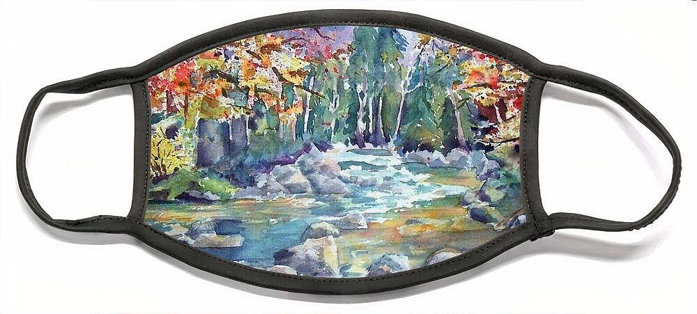 Watercolor Face Mask featuring the painting Fall Creek by Liana Yarckin