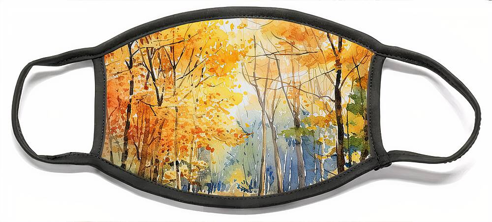 Autumn Watercolor Painting Face Mask featuring the digital art Falling Leaves - Autumn Falling Leaves Art by Lourry Legarde