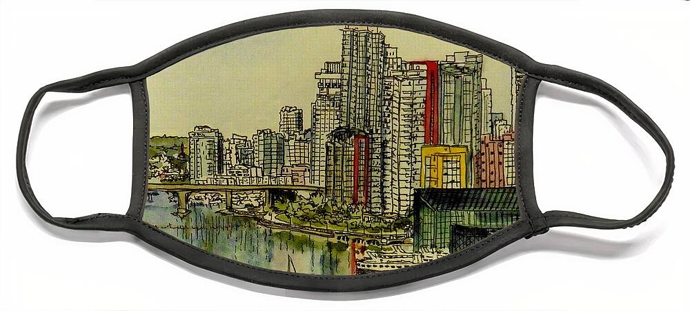 High Rises Face Mask featuring the drawing False Creek by Sonia Mocnik