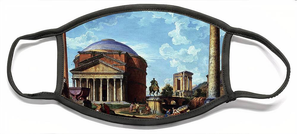 Architectural Fantasy Face Mask featuring the painting Fantasy View with the Pantheon and other Monuments of Old Rome by Rolando Burbon