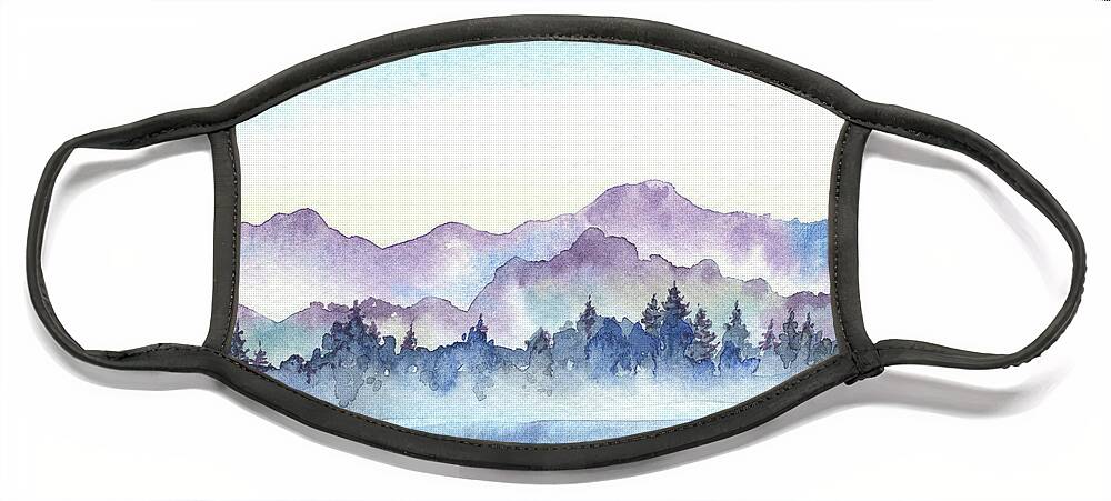 Pine Forest Face Mask featuring the painting Far Pine Trees Forest Foggy River Hills Watercolor by Irina Sztukowski