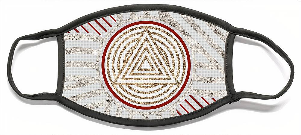 Abstract Face Mask featuring the mixed media Festive Sparkly Geometric Glyph Art in Red Silver and Gold n.0087 by Holy Rock Design