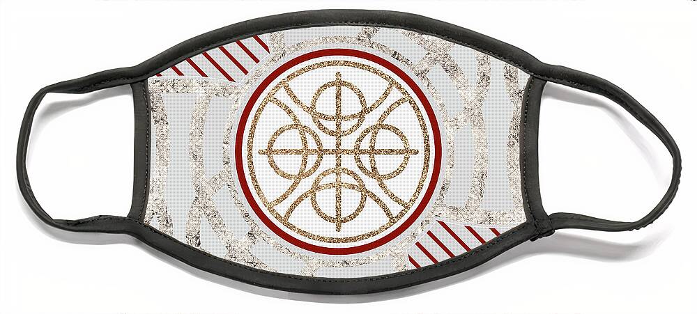 Abstract Face Mask featuring the mixed media Festive Sparkly Geometric Glyph Art in Red Silver and Gold n.0292 by Holy Rock Design