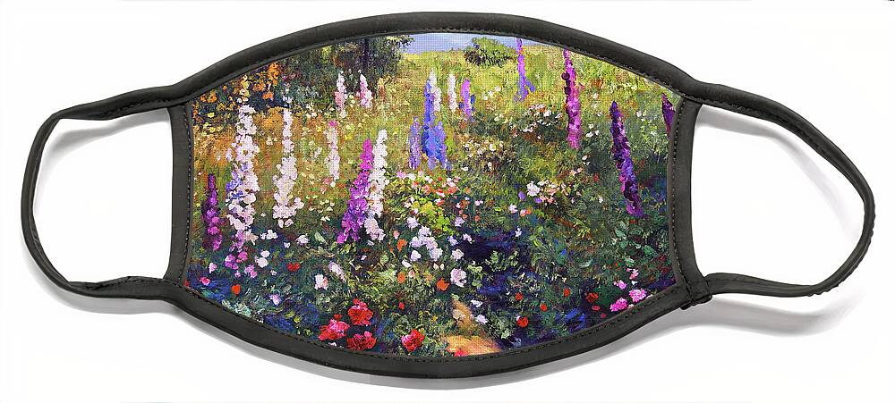 Landscape Face Mask featuring the painting Field Of Hollyhocks by David Lloyd Glover